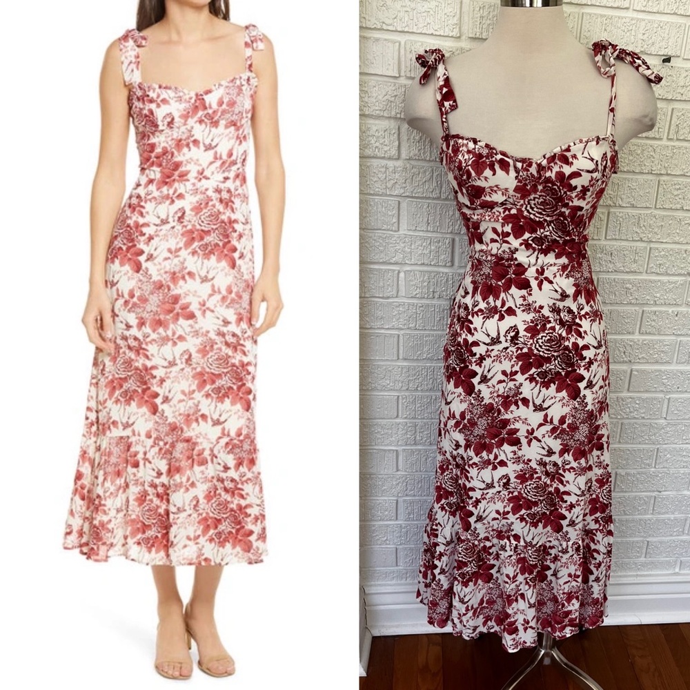 Reformation Cream and Red Floral Tie-Strap Midi Dress